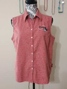 Vintage Mickey Unlimited Sleeveless Plaid Button Down Pink & Red Sz. XLarge